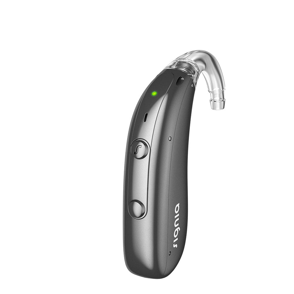 Signia Motion X HdO-Hörgerät in Graphit mit Ladeanzeige